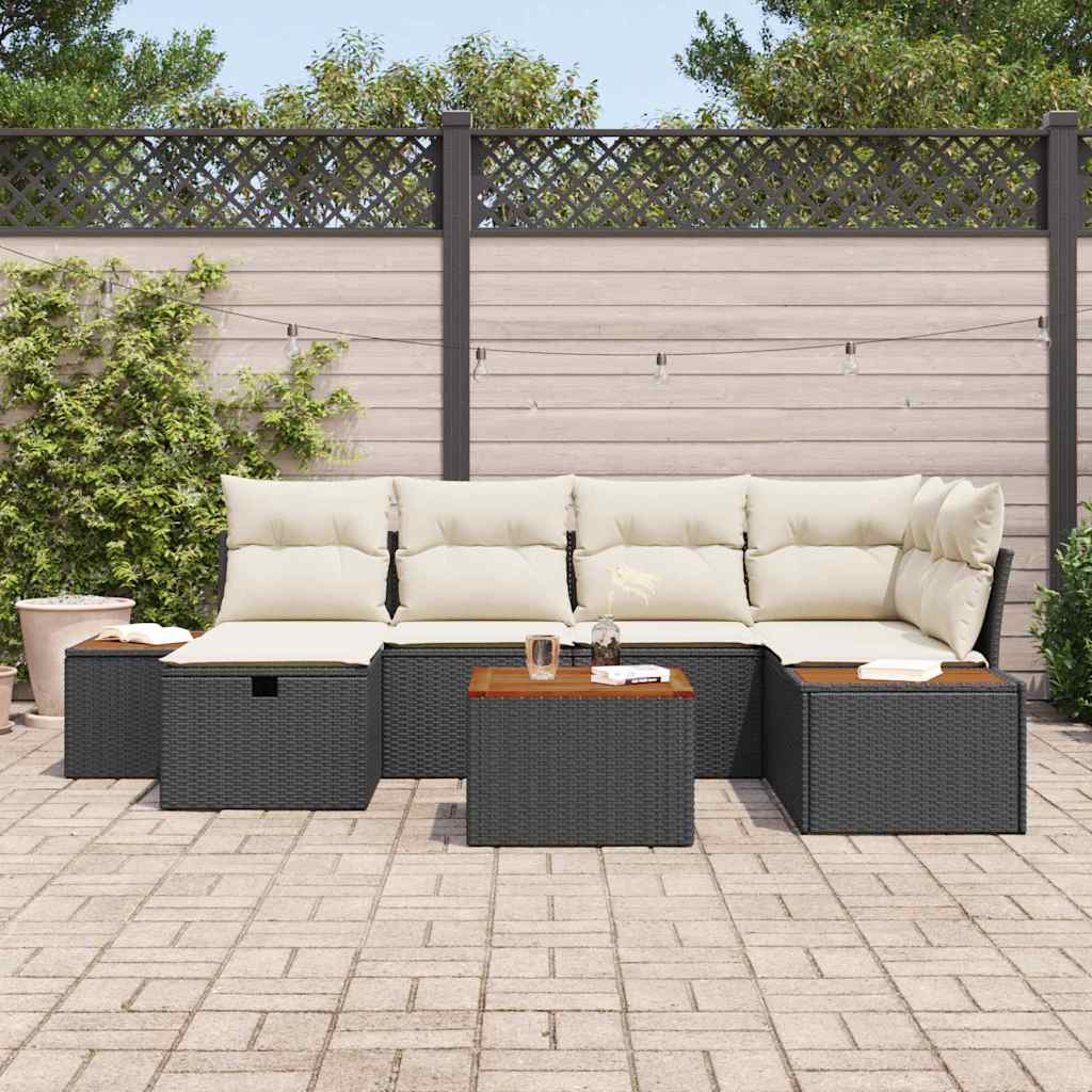 Garten-Sofa-Set mit Kissen 7 pcs Schwarz Poly Rattan